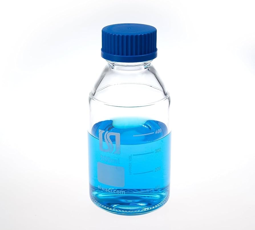 Botella de laboratorio de vidrio transparente de 250 mL, rosca GL45, de borosilicato 3.3. Tapa cerrada de polipropileno (PP) azul y anillo antigoteo de polipropileno (PP) azul, marca Alwsci